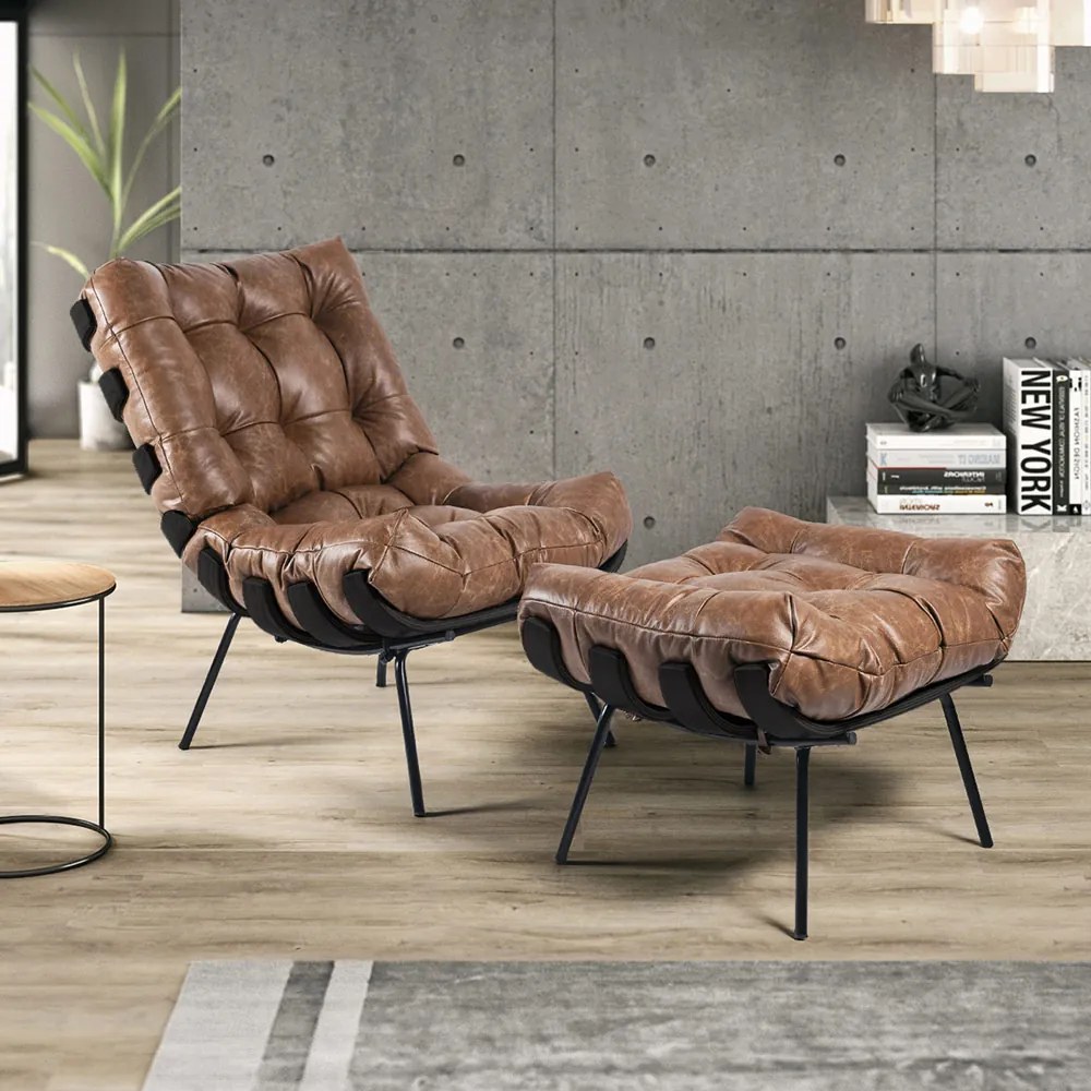 Poltrona Decorativa Sala de Estar Costela Base Preta Couro Mel G34 - Gran Belo
