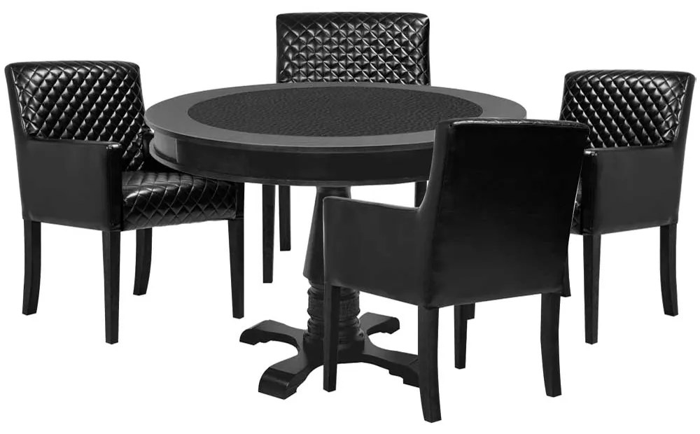 Mesa de Jogos Carteado Redonda Victoria Tampo Reversível Preto com 4 Cadeiras Liverpoo PU Preto Matelassê G36 G15 - Gran Belo