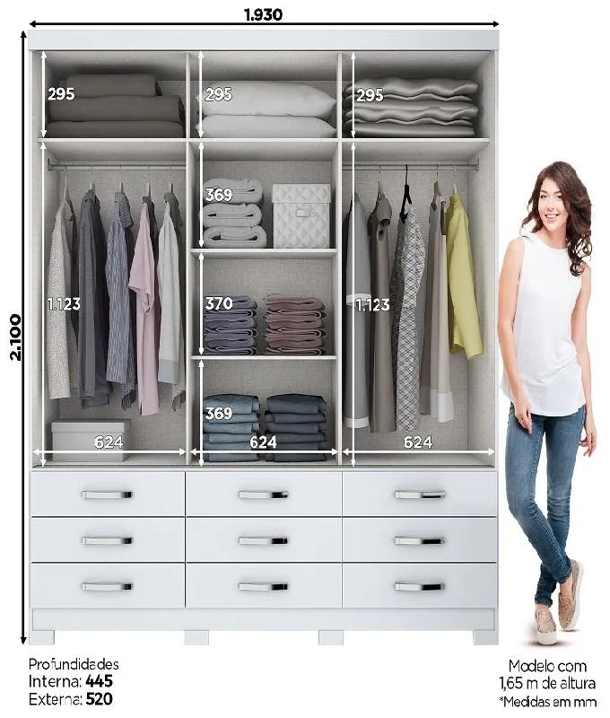 Guarda-roupa Roupeiro 3 Portas De Correr 9 Gavetas Branco