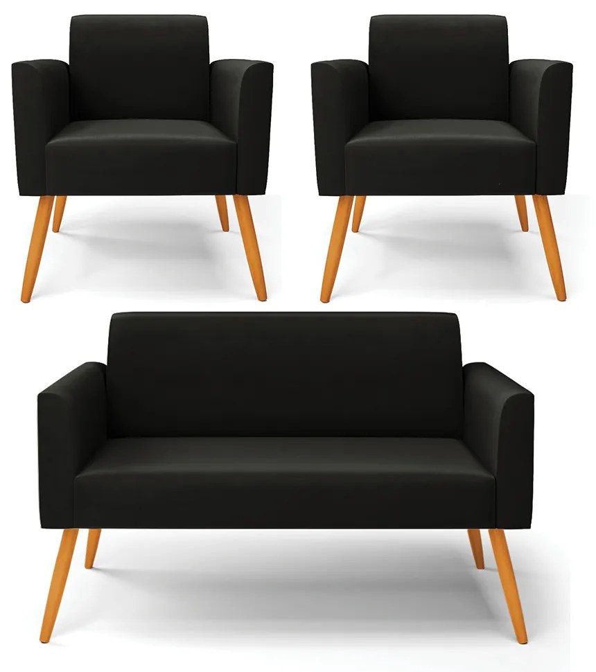 Sofá Namoradeira com 2 Poltronas Pés Palito Castanho Marisa Suede Preto D03 - DRossi