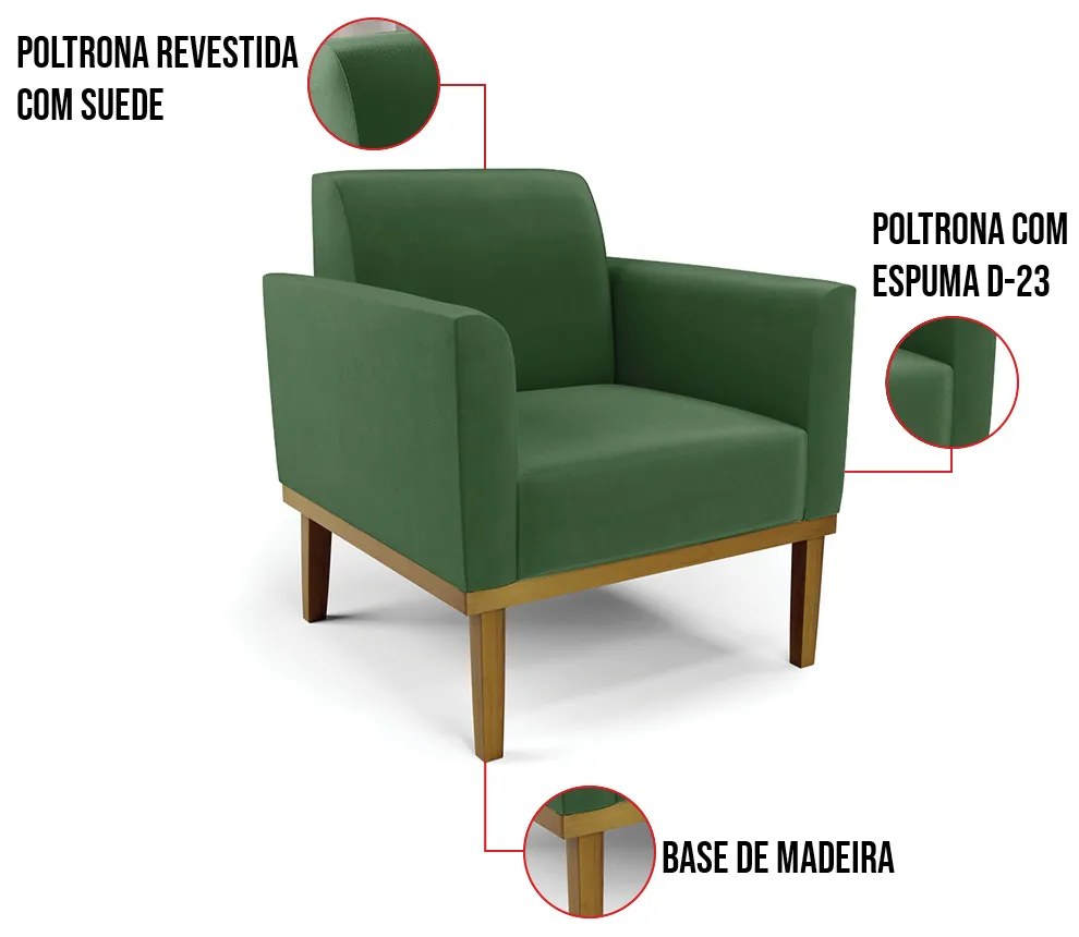Poltrona Base de Madeira Fixa Castanho Marisa Suede D03 - D'Rossi - Verde