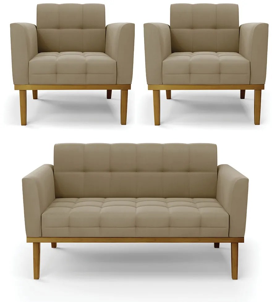Namoradeira com 2 Poltronas Base de Madeira Castanho Elisa Suede D03 - D'Rossi - Marrom Rato