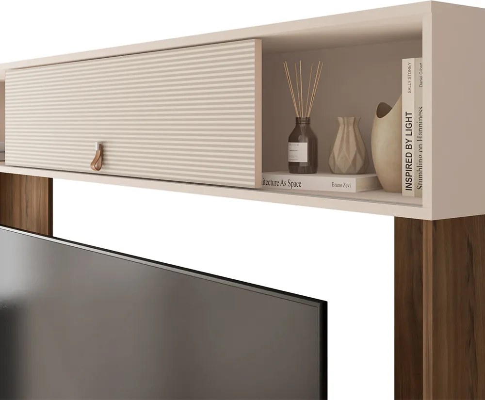 Estante TV 65 Pol 200cm Sala de Estar Olevi C01 - D'Rossi - Nogueira/Off White
