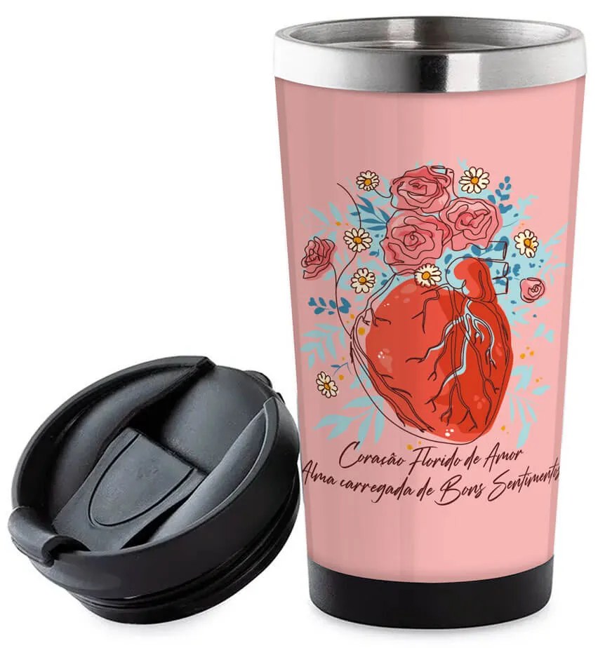 Copo Térmico 500ml Inox Coração Florido de Amor