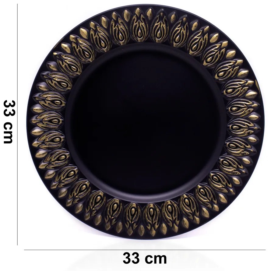 Sousplat Para Prato De Mesa Decorativo Preto Com Flores Em Dourado 33 cm - D'Rossi