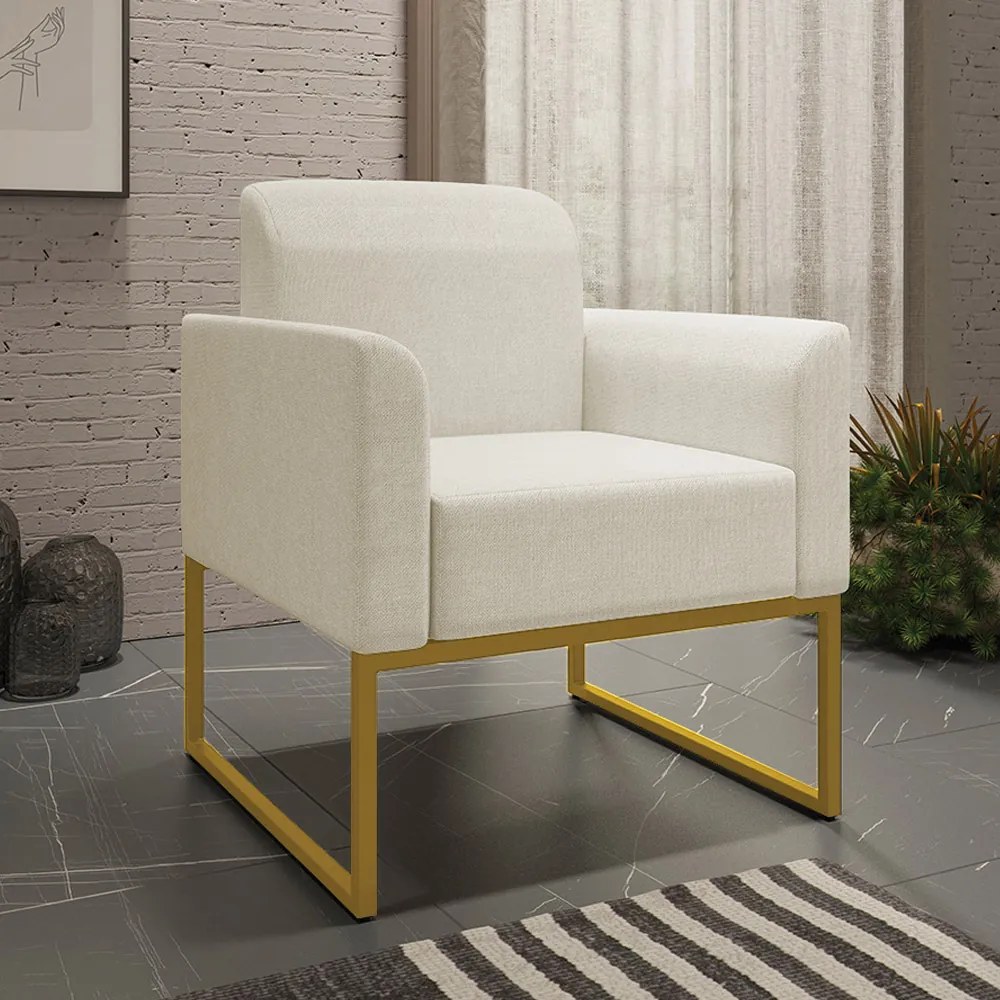 Poltrona Decorativa Isabella Base Industrial Linho Bege/Dourado G19 - Gran Belo