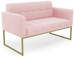 Sofá Namoradeira e 2 Poltronas Base Industrial Dourado Ana Suede Rosa