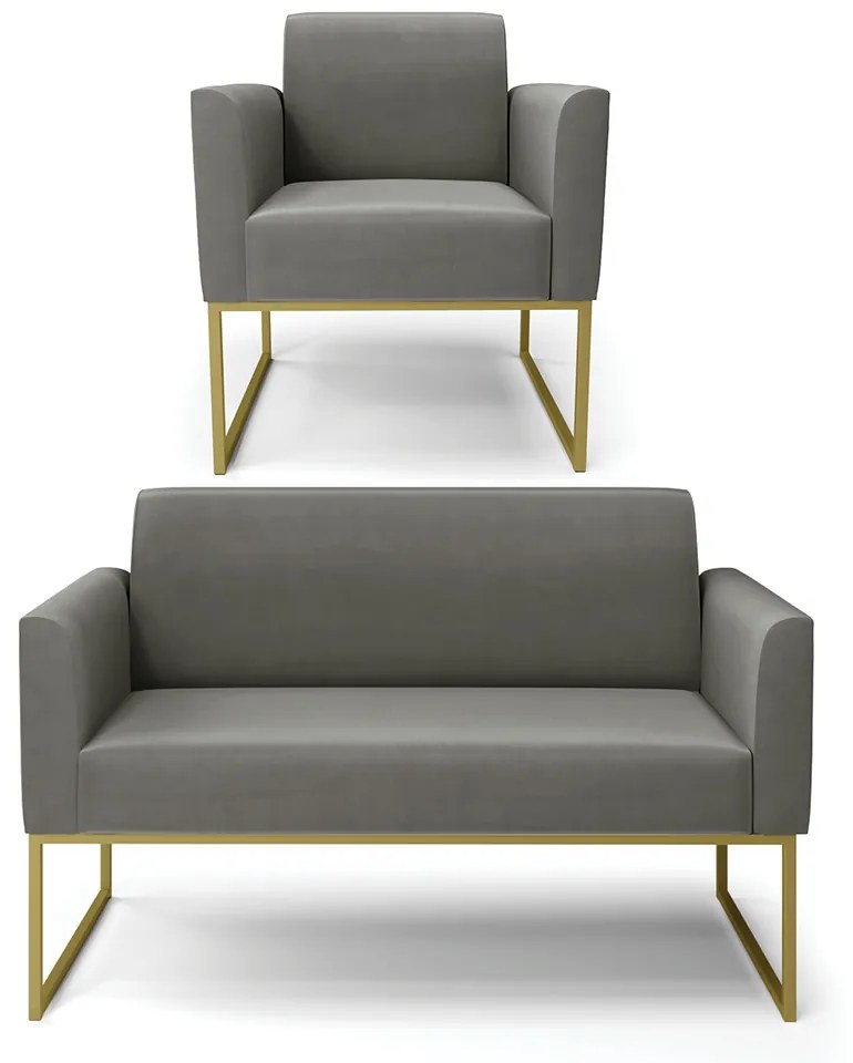 Sofá Namoradeira com Poltrona Base Industrial Dourado Marisa Suede Grafite D03 - DRossi
