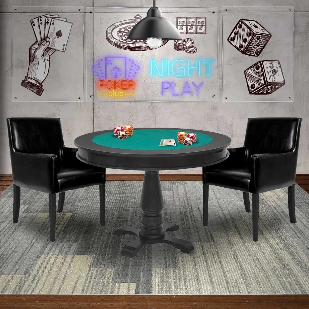 Mesa de Jogos Carteado Victoria Redonda Tampo Reversível Preto com 2 Cadeiras Liverpool PU Preto Liso G36 G15 - Gran Belo