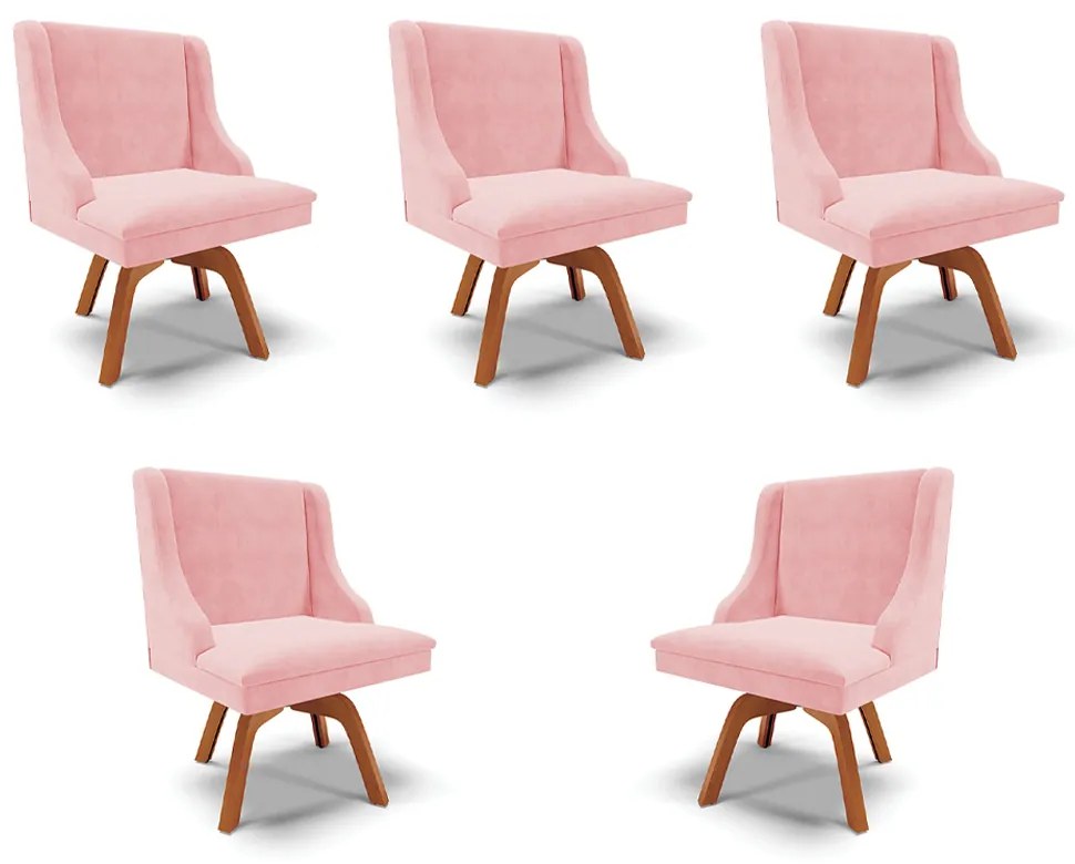 Kit 5 Cadeiras Decorativas Sala de Jantar Base Giratória de Madeira Firenze Suede Rosa Bebê/Natural G19 - Gran Belo