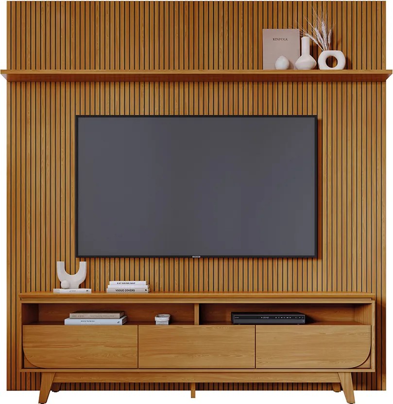 Painel TV 75 Pol 238cm Ripado Kalven e Bancada Elarin M20 - D'Rossi - Cumaru(fosco)