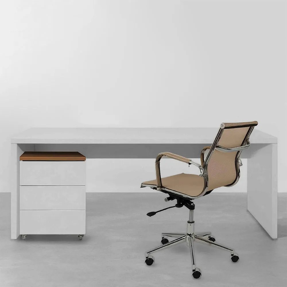 Conjunto Office - Bancada Contemporânea Branco 1,36m + Módulo Contemporâneo Louro Freijó e Branco 42,5cm + Cadeira de Escritório Noruega Cobre