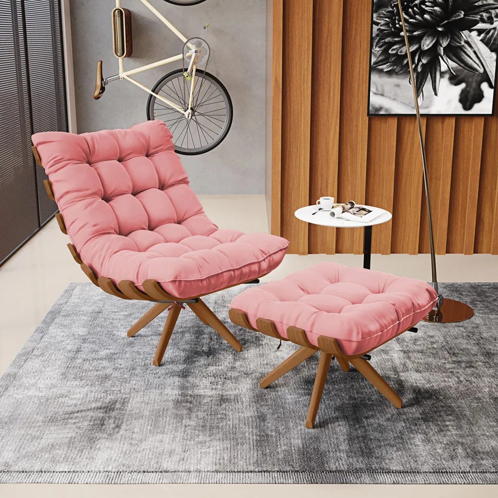 Poltrona com Puff Giratório Costela Suede Rosê Base de Madeira MA30 M11 - D'Rossi