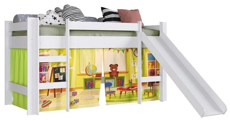 Cama Infantil Elevada com Escorregador Cortina Escolinha