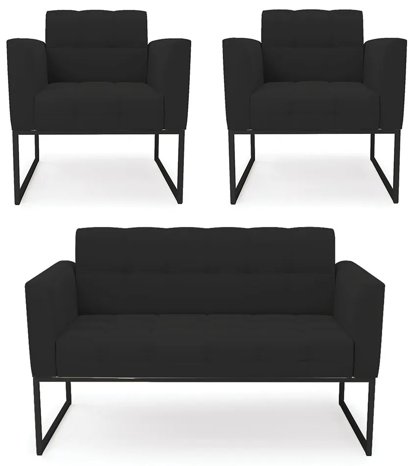 Kit 1 Sofá Namoradeira e 2 Poltronas Elisa Veludo Preto Base Metálica Industrial Preto - D'Rossi