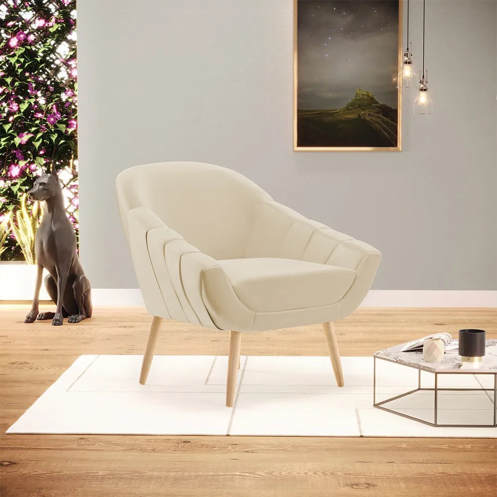 Kit 02 Poltronas Giovana Corino Bege Pés Palito Natural - Indo Decorar
