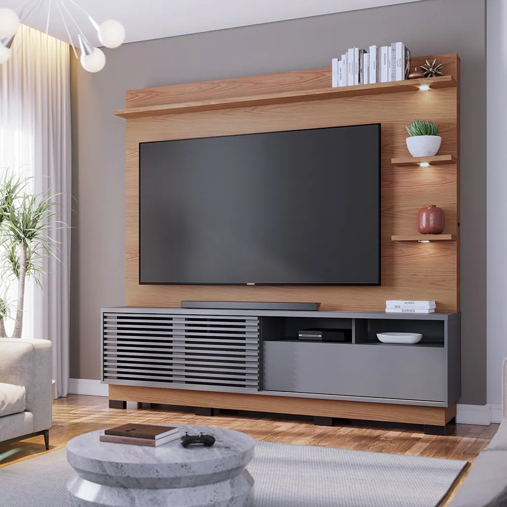 Estante de TV 70 Polegadas 200cm com Led Lidia C04 - D'Rossi - Freijó e Cinza Fosco