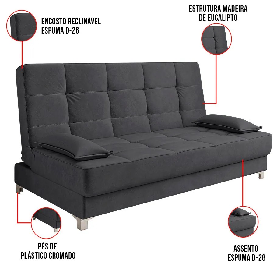Sofá Cama Equador 193 cm Encosto Reclinável Veludo Grafite Pés Plástico Cromado - D'Rossi