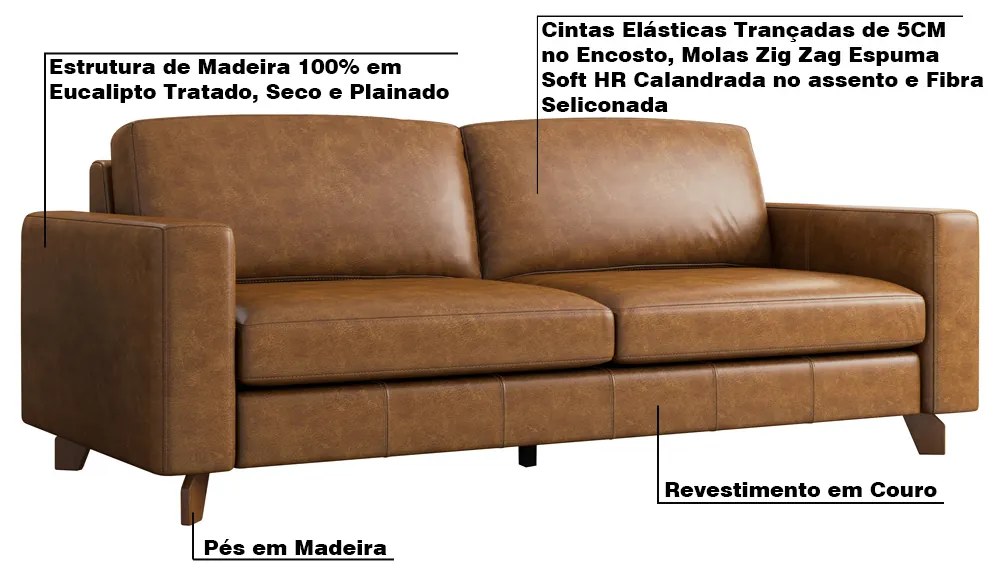 Sofá Decorativo 260cm Moscou Couro Sintético Caramelo G52 - Gran Belo