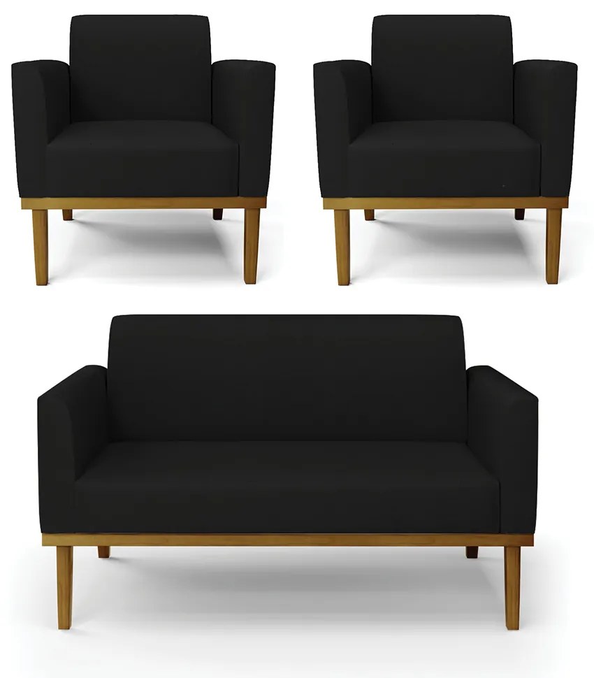 Conjunto 2 Poltronas e 1 Namoradeira Decorativa Isabella Pés Fixo em Madeira Castanho Linho Preto G19 - Gran Belo