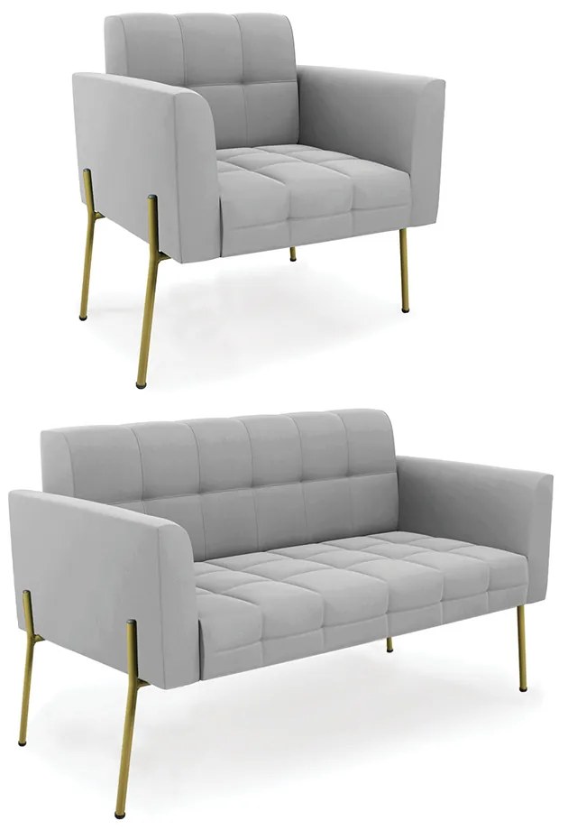 Sofá Namoradeira e Poltrona Pé de Ferro Dourado Elisa Suede D03 - D'Rossi - Cinza