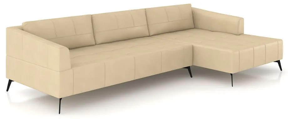 Sofá Bipartido Sala de Estar Kiara 312cm Chaise Direito Pés de Ferro Couro Bege G52 - Gran Belo