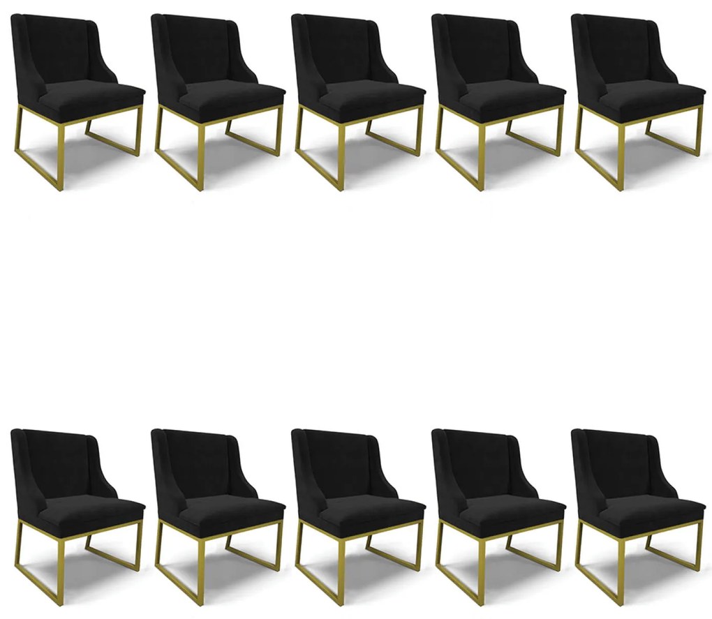 Cadeira Sala de Jantar Industrial Dourado Kit 10 Liz Suede D03 - D'Rossi - Preto