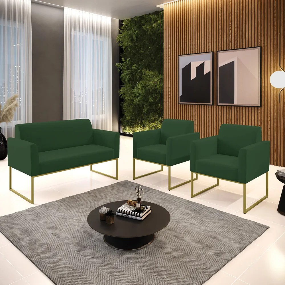 Sofá Namoradeira com 2 Poltronas Base Industrial Dourado Marisa Veludo D03 - D'Rossi - Verde