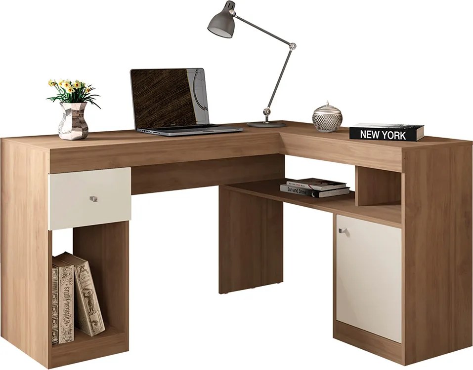 Mesa para Escritório Noma Home Tampo em L Porta e Gaveta MDP Mel/OffWhite G11 - Gran Belo