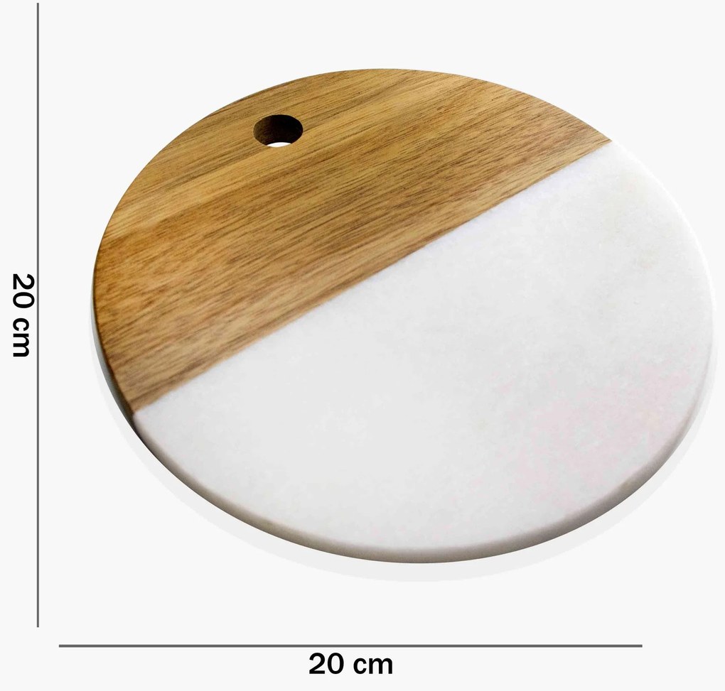 Tábua Decorativa Mármore Branco e Madeira 20 Cm - D'Rossi