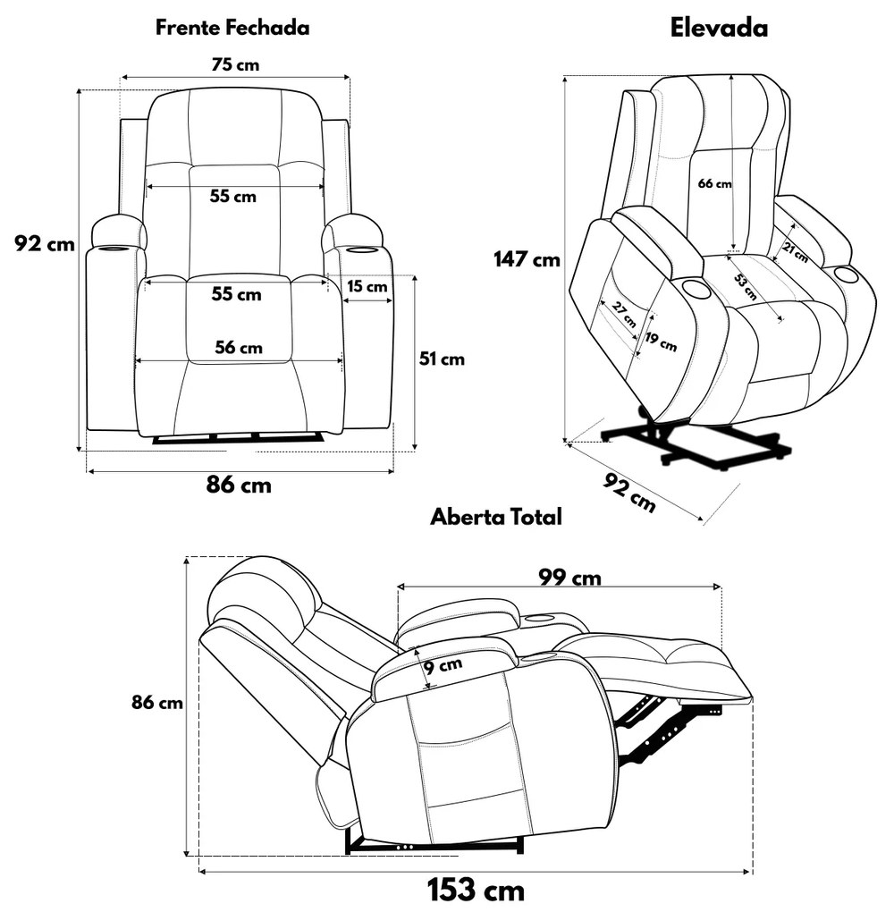 Poltrona do Papai Lift Sala de Estar Reclinável Austin Elétrica Aquecimento Massagem PU Preto G94 - Gran Belo