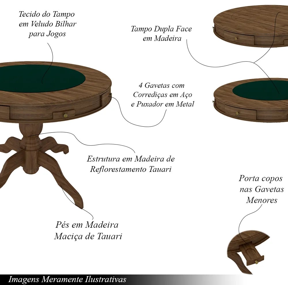 Conjunto Mesa de Jogos Carteado Bellagio Tampo Reversível Verde e 4 Cadeiras Madeira Poker Base Estrela Linho OffWhite/Nogueira G42 - Gran Belo