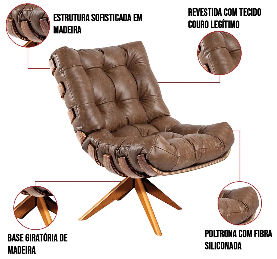 Poltrona com Puff Giratório Costela Couro Nozes Base de Madeira MA30 M11 - D'Rossi