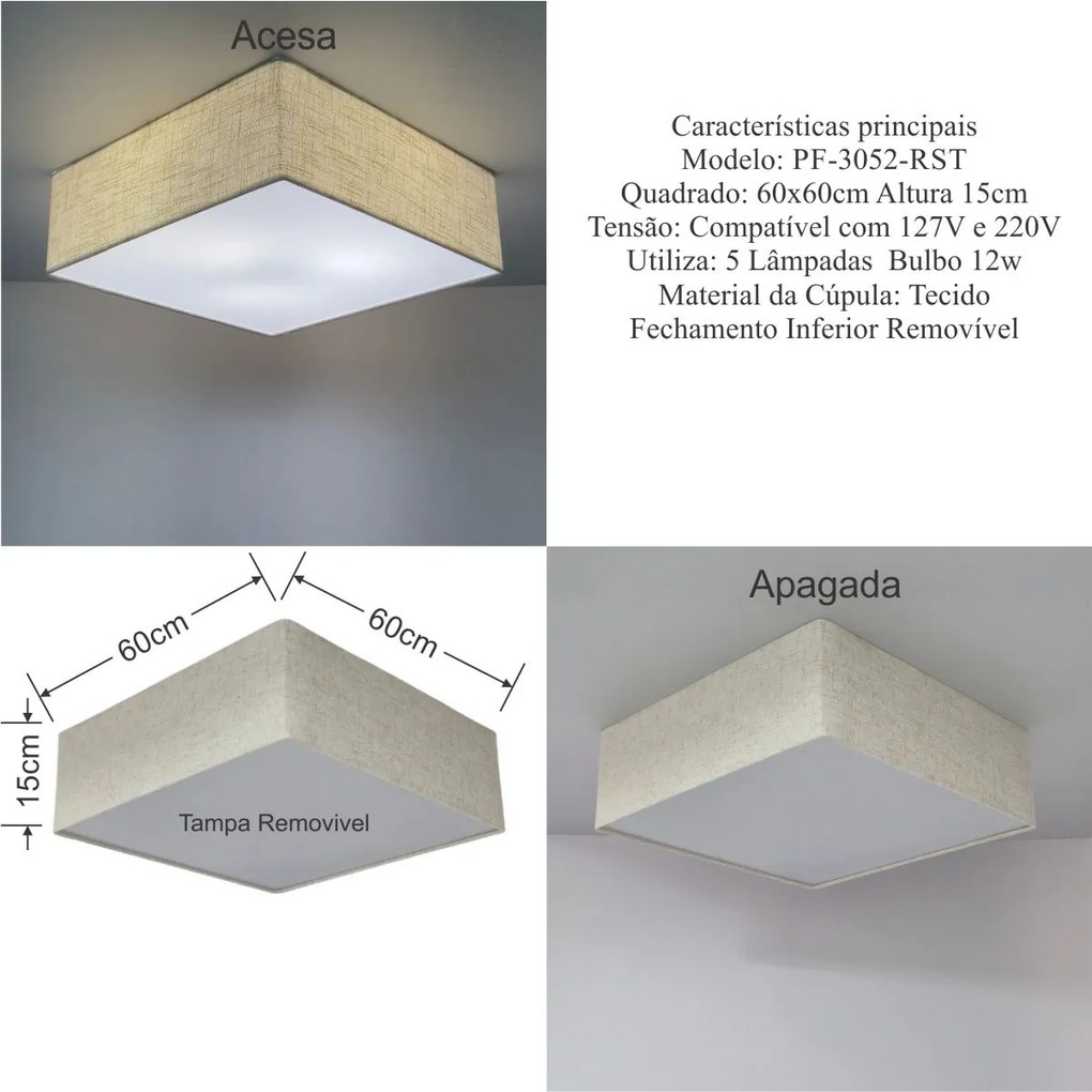 Plafon Quadrado Md-3052 Cúpula em Tecido 60x60x15cm Rústico Bege - Bivolt