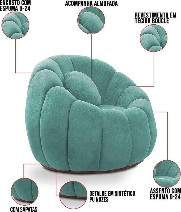 Sofá 2 Lugares com Poltrona Orgânica Fixa Cloud Bouclê E03 - D'Rossi - Azul Turquesa