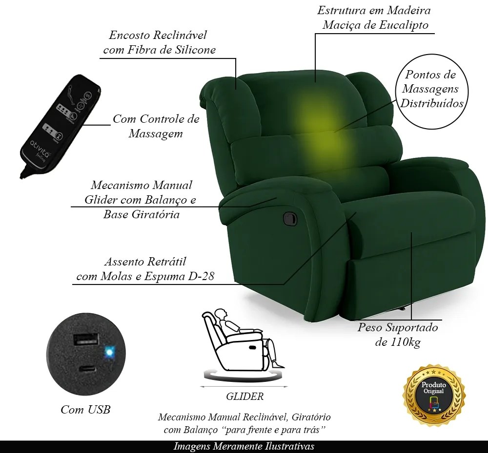 Poltrona do Papai Sala de Cinema Reclinável Kylie Glider Manual Giratória Massagem USB Veludo Verde Esmeralda G23