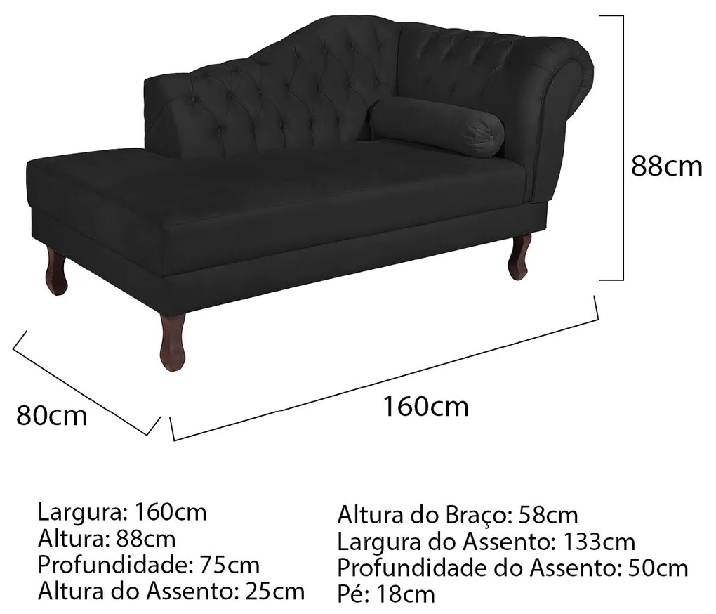 Recamier Diana 160cm Lado Esquerdo Suede Preto - ADJ Decor