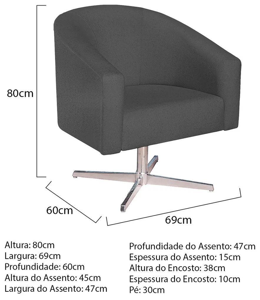 Poltrona Luiza Base Giratória de Metal Linho Cinza Escuro - ADJ Decor