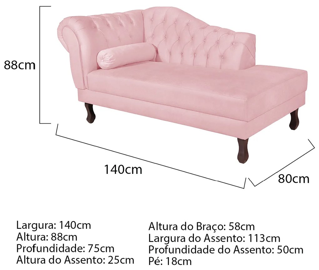 Recamier Diana 140cm Lado Direito Suede Rosa Bebê - ADJ Decor