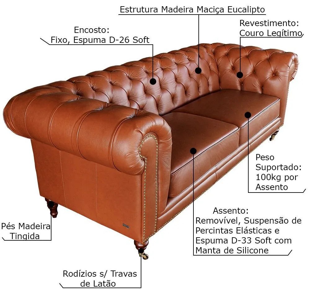 Sofá 2 Lugares Sala de Estar 180cm Chesterfield Duo Couro Conhaque Brilho G40 - Gran Belo