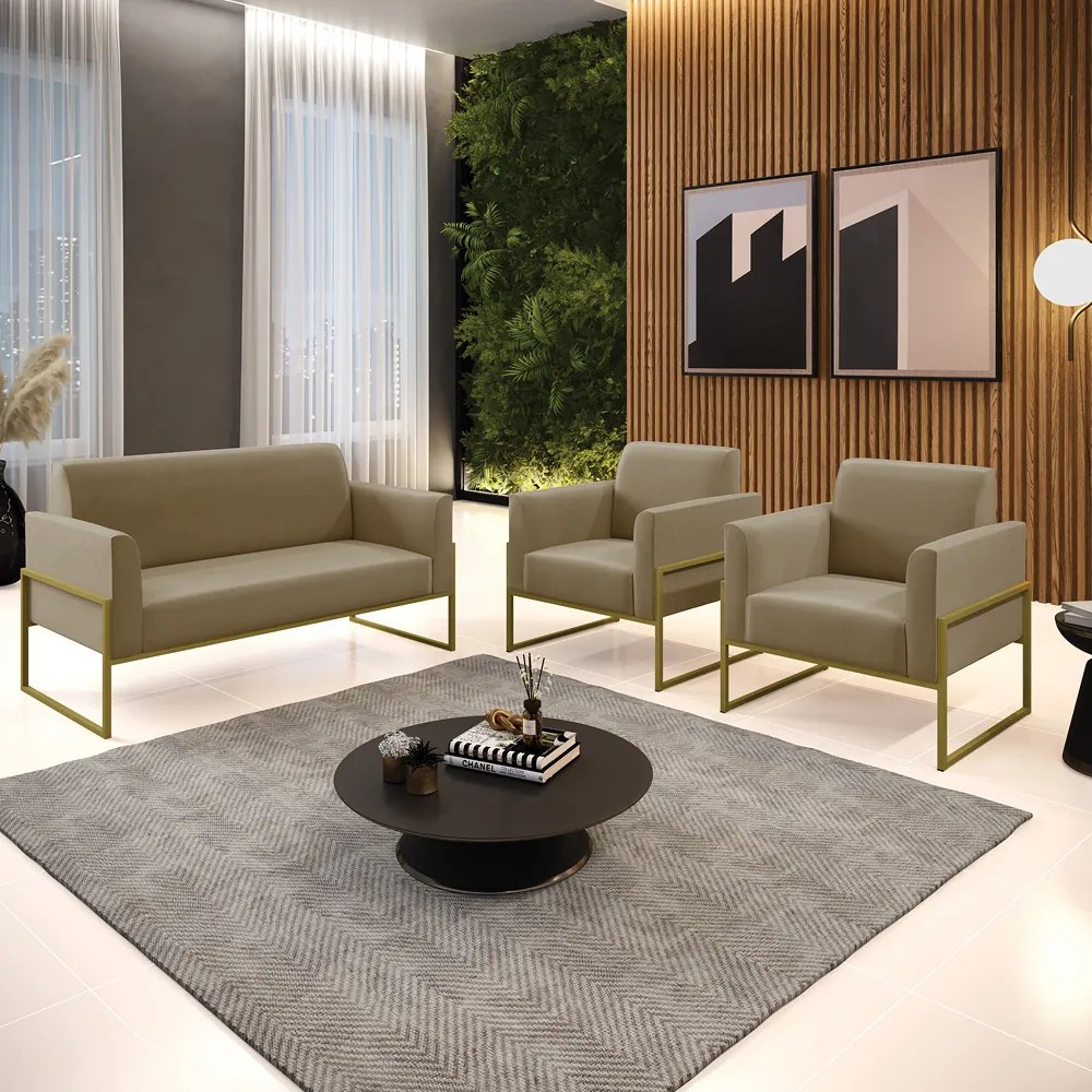Sofá Namoradeira com 2 Poltronas Base Industrial Alta Dourado Marisa Suede D03 - D'Rossi - Marrom Rato