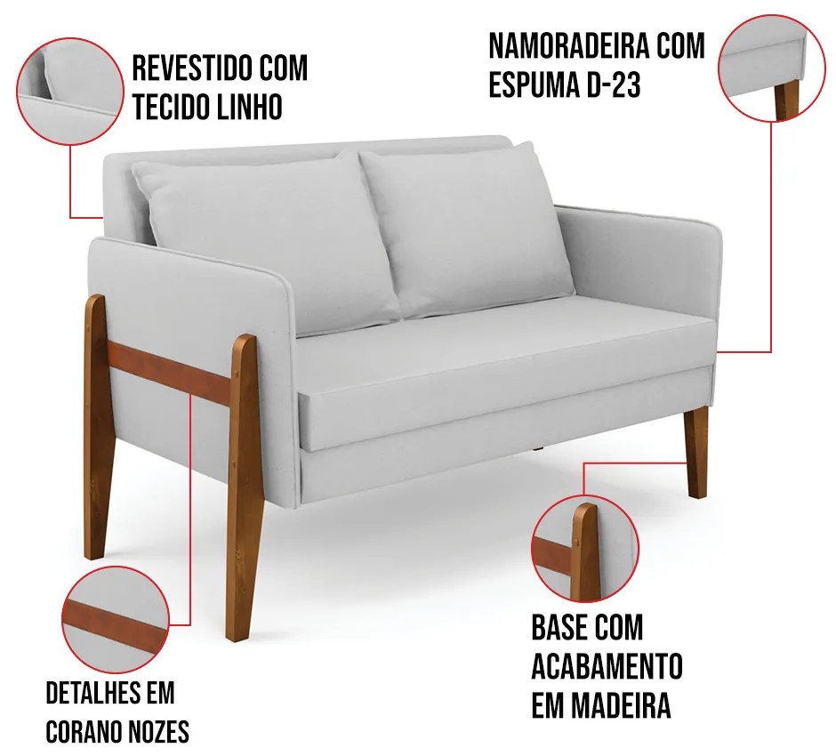 Sofá Namoradeira Lana Linho Base de Madeira D03 - D'Rossi - A05 Cinza