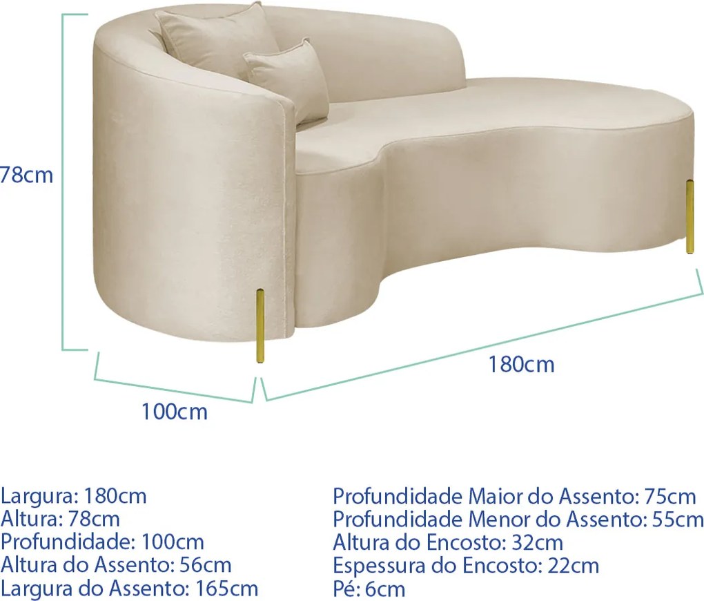 Divã Recamier Curvo Sala de Estar Recepção Inglaterra 180cm Pés Metal Dourado Lado Direito Bouclé