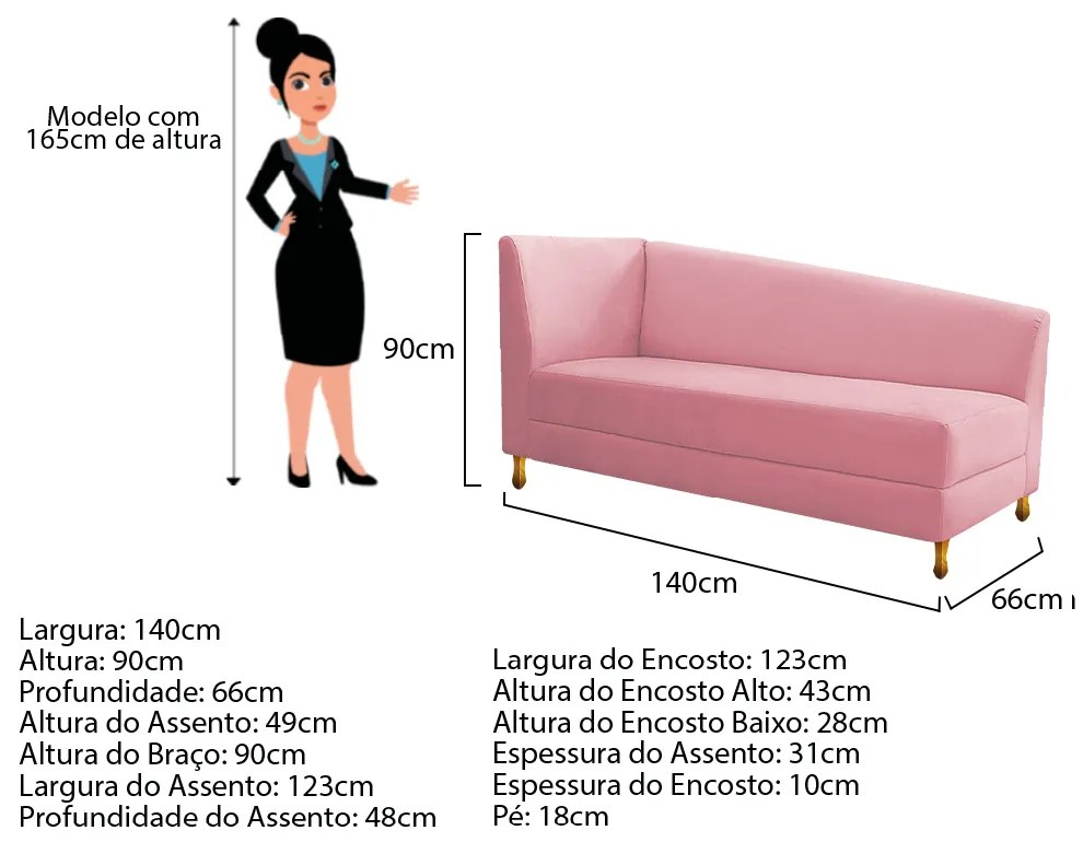Recamier Valéria 140cm Lado Direito Suede Rosa Bebê- ADJ Decor