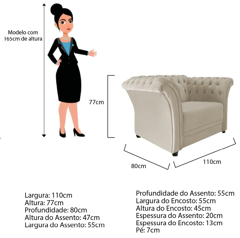 Poltrona Decorativa Chesterfield Sofia Suede Bege- ADJ Decor