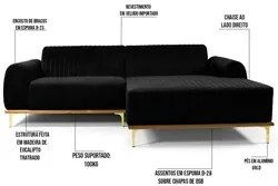 Sofá 300cm 5 Lugares com Chaise Direito Pés Gold Molino C-300 Veludo P