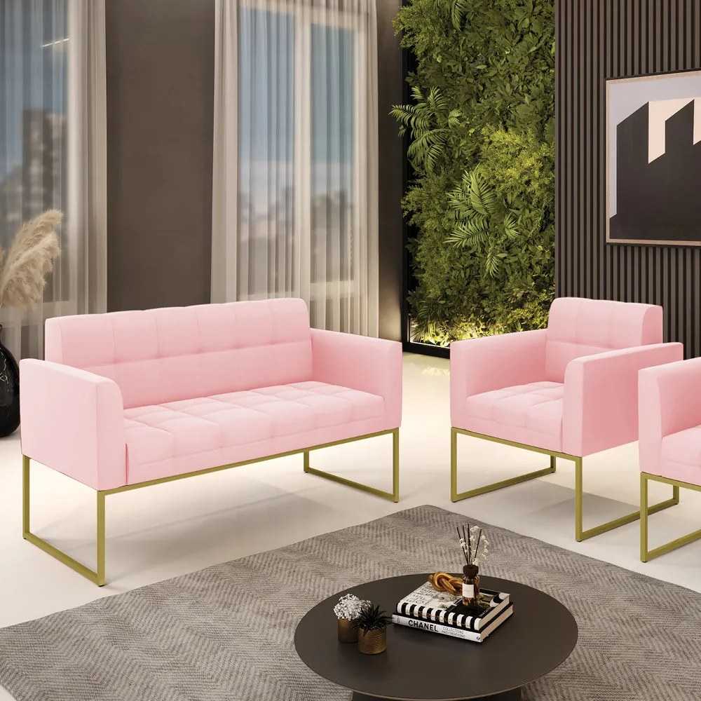 Kit 1 Sofá Namoradeira e 1 Poltrona Elisa Suede Rosa Bebê Base Metálica Industrial Dourado - D'Rossi