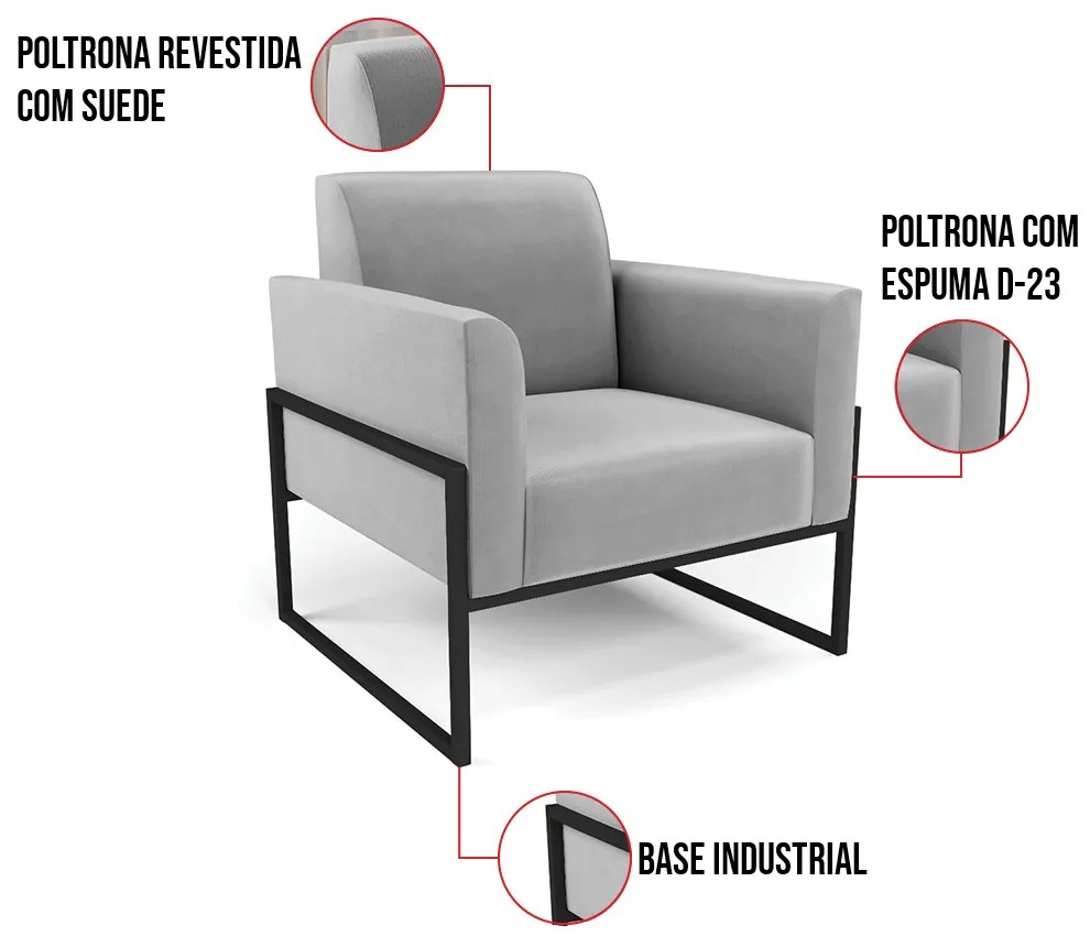 Kit 2 Poltronas Base Industrial Alta Preto Marisa Suede - Cinza