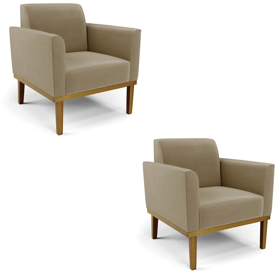 Kit 2 Poltronas Decorativas Isabella Pés Fixo em Madeira Castanho Suede Nude G19 - Gran Belo
