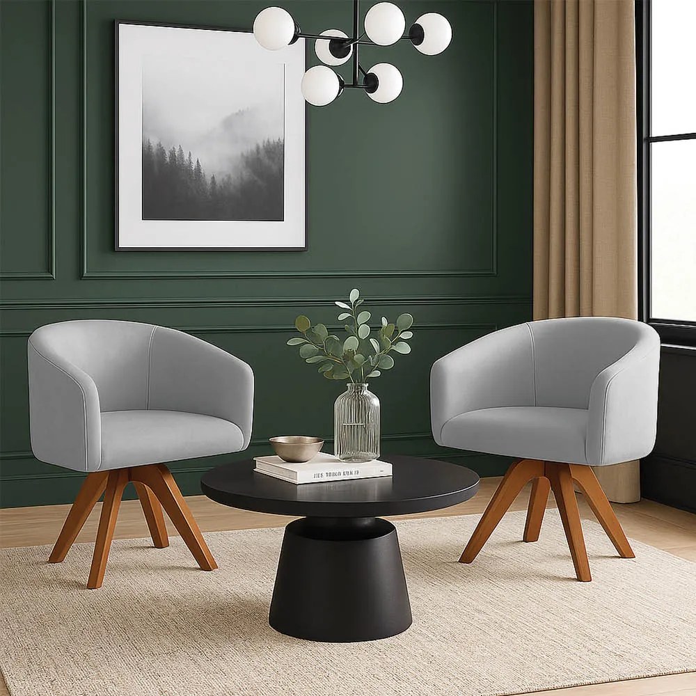 Poltrona Sala Base Giratória Madeira Kit 2 Arielle Suede D03 - D'Rossi - Cinza